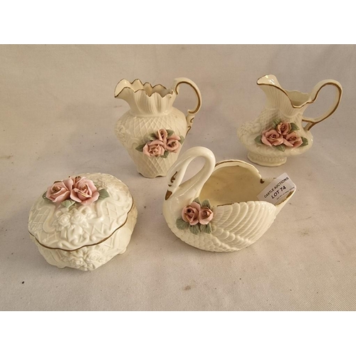 74 - Bisque Porcelain Trinket Box, Swan Planter and 2 x Jugs, Embossed with Lattice Ribbons and Applied R... 