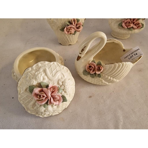 74 - Bisque Porcelain Trinket Box, Swan Planter and 2 x Jugs, Embossed with Lattice Ribbons and Applied R... 