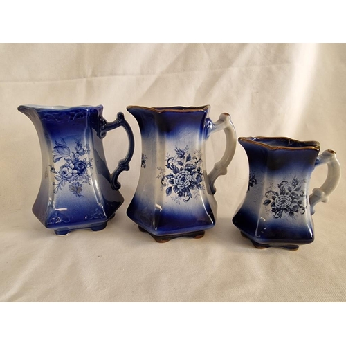 87 - 3 x Flow Blue Ironstone Jugs, (Approx. 2 x 15cm and 1 x 12cm), (3)