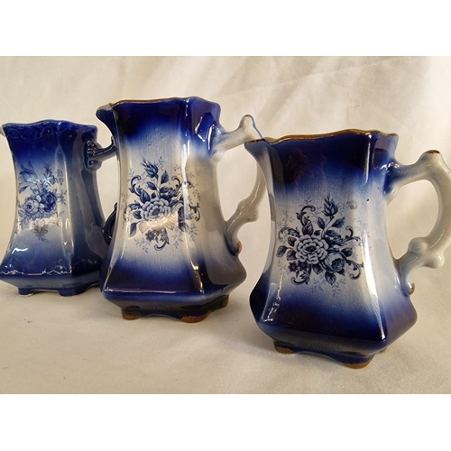 87 - 3 x Flow Blue Ironstone Jugs, (Approx. 2 x 15cm and 1 x 12cm), (3)