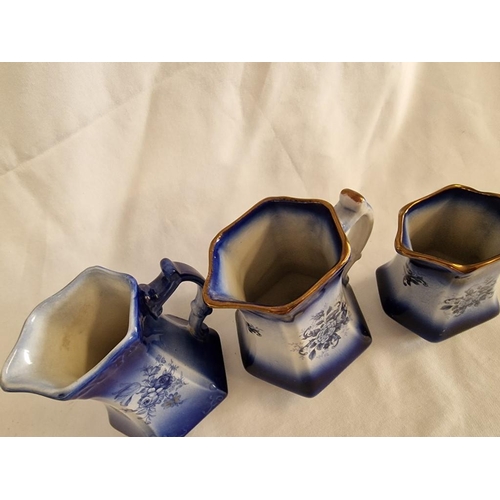 87 - 3 x Flow Blue Ironstone Jugs, (Approx. 2 x 15cm and 1 x 12cm), (3)