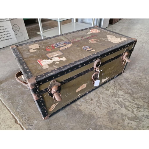 91 - Green Shipping Trunk Circa 1940, Original Lining with 'Cunard White Star Line' Stickers, Handles & C... 