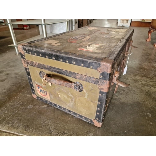 91 - Green Shipping Trunk Circa 1940, Original Lining with 'Cunard White Star Line' Stickers, Handles & C... 