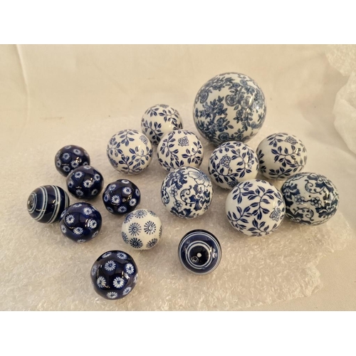 94 - Collection of 16 x Blue & White Decorated Porcelain Balls / Spheres; Approx. 10cm (1), 6cm (8) and 3... 