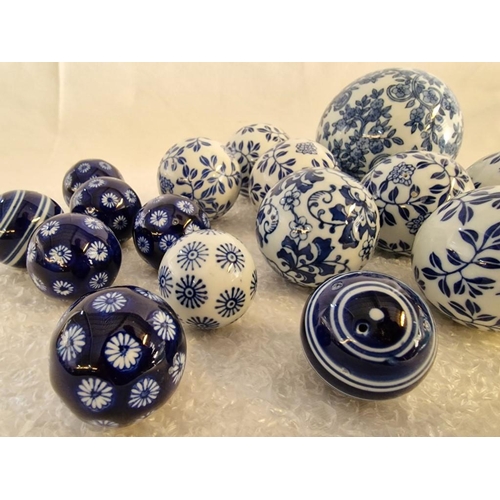 94 - Collection of 16 x Blue & White Decorated Porcelain Balls / Spheres; Approx. 10cm (1), 6cm (8) and 3... 