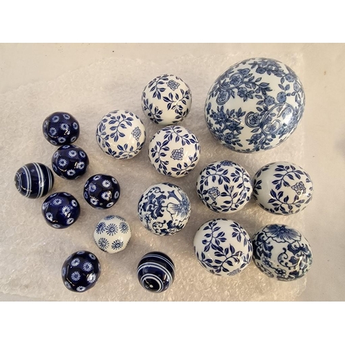 94 - Collection of 16 x Blue & White Decorated Porcelain Balls / Spheres; Approx. 10cm (1), 6cm (8) and 3... 