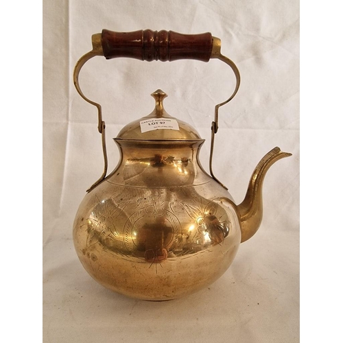 97 - Vintage Indian Etched Brass Teapot with Wooden Handle, (Approx. 29 x 25cm Overall)