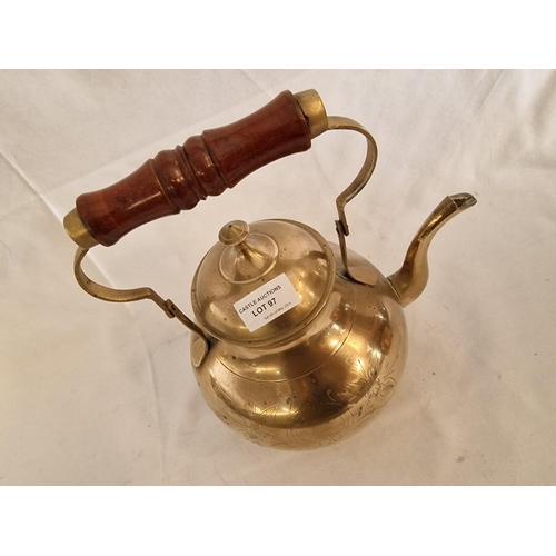 97 - Vintage Indian Etched Brass Teapot with Wooden Handle, (Approx. 29 x 25cm Overall)