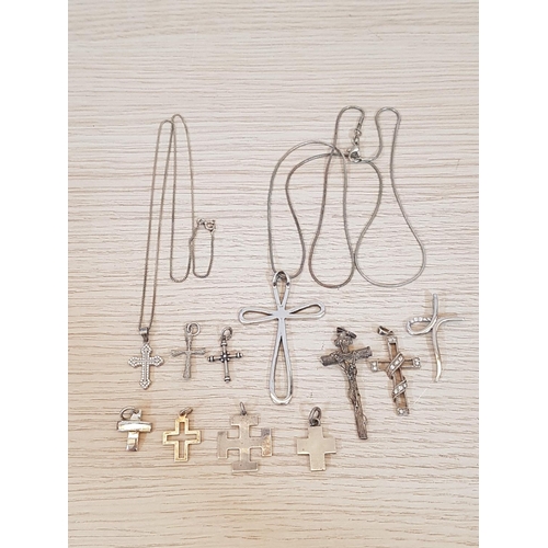 53 - .925 Silver Collection; 11 x Cross Pendants Together with 2 x Chains, Total Weight 41gr