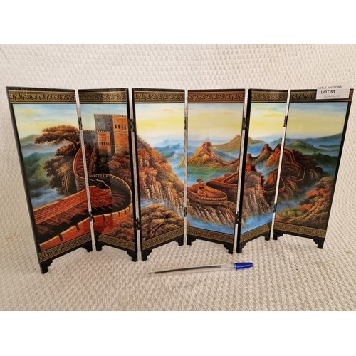 51 - Chinese 'The Great Wall' Double Sided Lacquered 6-Part Folding Table Top Screen with Decorative Pane... 