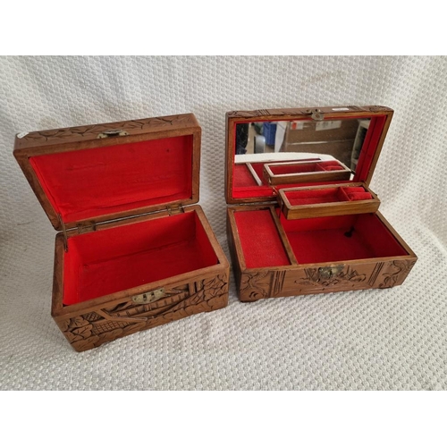 779 - 2 x Carved Wood Jewellery Boxes, with Red Fabric Liner (one with musical wind up, untested), (Larges... 