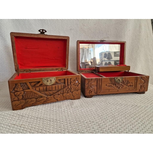 779 - 2 x Carved Wood Jewellery Boxes, with Red Fabric Liner (one with musical wind up, untested), (Larges... 