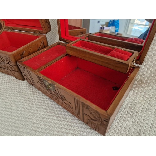 779 - 2 x Carved Wood Jewellery Boxes, with Red Fabric Liner (one with musical wind up, untested), (Larges... 