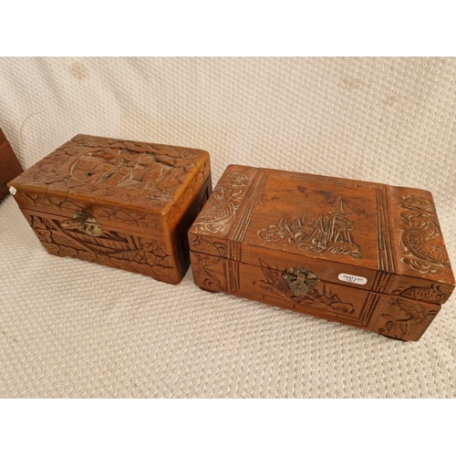 779 - 2 x Carved Wood Jewellery Boxes, with Red Fabric Liner (one with musical wind up, untested), (Larges... 