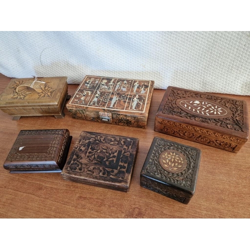 783 - Collection of 6 x Vintage Jewellery Boxes, Mostly Carved Wood with Fabric Lining, (see multiple cata... 