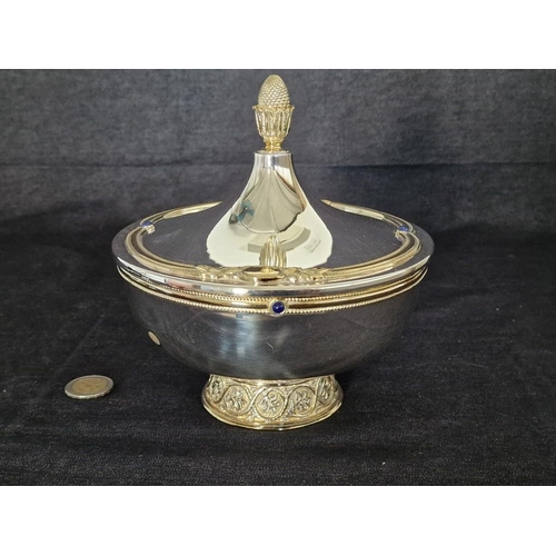 798 - High Quality Silver Plated Round Lidded Pedestal Dish with Acorn Handle, Decorative Gold Tone Band a... 