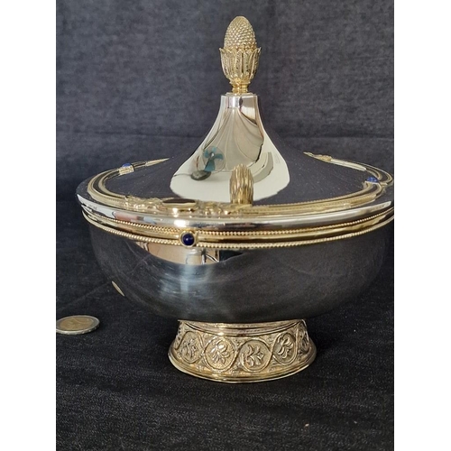 798 - High Quality Silver Plated Round Lidded Pedestal Dish with Acorn Handle, Decorative Gold Tone Band a... 