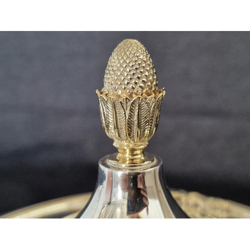 798 - High Quality Silver Plated Round Lidded Pedestal Dish with Acorn Handle, Decorative Gold Tone Band a... 