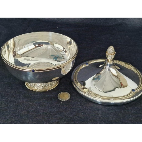 798 - High Quality Silver Plated Round Lidded Pedestal Dish with Acorn Handle, Decorative Gold Tone Band a... 