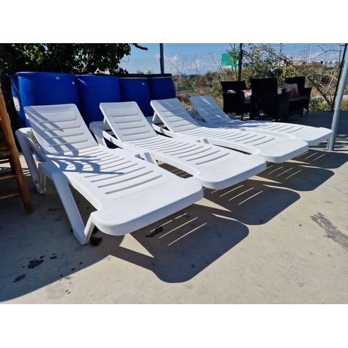 135 - Set of 4 x White Plastic Sun Beds with Adjustable Back Rest (Stacking), (a/f), (4)