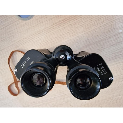 17 - Pair of Zenith 7x50 Binoculars with Coated Optics, Field 7.1 Degrees, No. 65078, with Leather Case