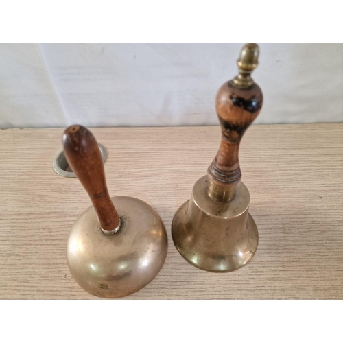 27 - Brass Dome Altar Bell with Wooden Handle, (H: 16cm), Together with Small Brass School Bell with Wood... 