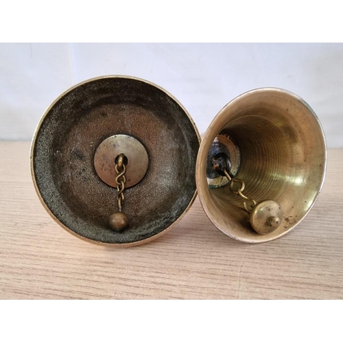 27 - Brass Dome Altar Bell with Wooden Handle, (H: 16cm), Together with Small Brass School Bell with Wood... 