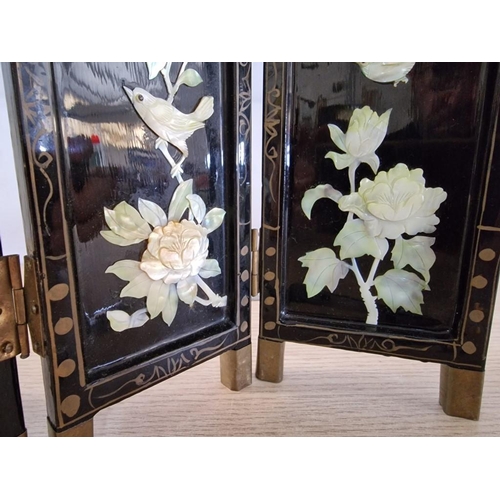 37 - Miniature / Table-Top Oriental Four Panel Black Lacquer Screen, Ornamented with Birds & Flowers, (Ap... 