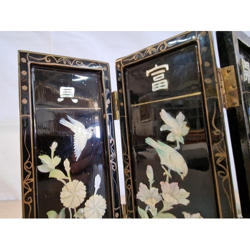 37 - Miniature / Table-Top Oriental Four Panel Black Lacquer Screen, Ornamented with Birds & Flowers, (Ap... 