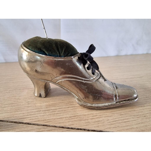 42 - Heavy Silvered Metal Pin Cushion in the Shape of a Laced Boot, (Approx. L: 16cm), Together with 2 x ... 