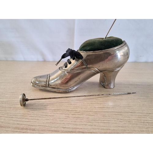 42 - Heavy Silvered Metal Pin Cushion in the Shape of a Laced Boot, (Approx. L: 16cm), Together with 2 x ... 