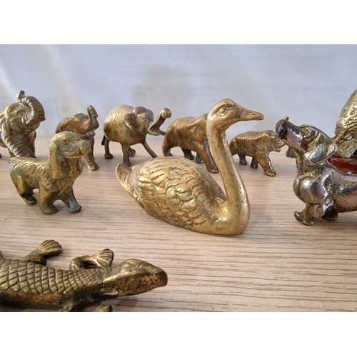 53 - Collection of Animal & Bird Ornaments; 5 x Brass Elephants, Owl on Base, Swan, Dog, Rabbit, Lizard a... 