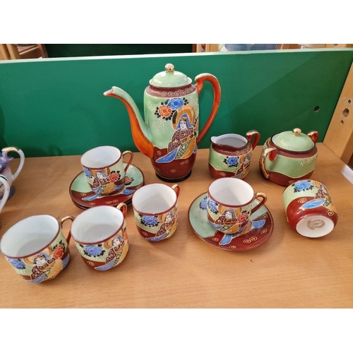 68 - Oriental Moriage Hand Painted Porcelain Coffee Set, (13 Pieces)