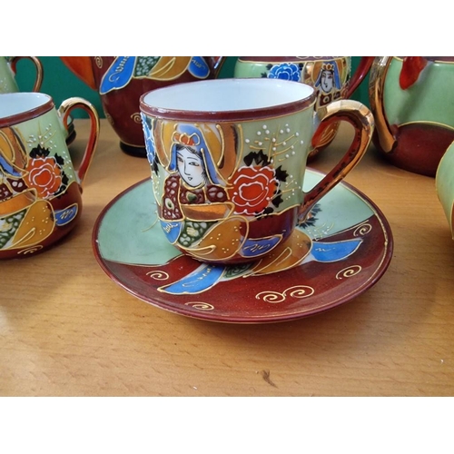 68 - Oriental Moriage Hand Painted Porcelain Coffee Set, (13 Pieces)