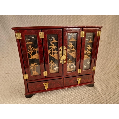615 - Oriental Style Table Top Jewellery Cabinet with Bi-Folding Doors, with Glazed Cork Scenes Over 2-Dra... 