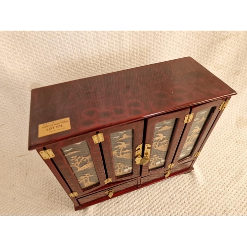 615 - Oriental Style Table Top Jewellery Cabinet with Bi-Folding Doors, with Glazed Cork Scenes Over 2-Dra... 