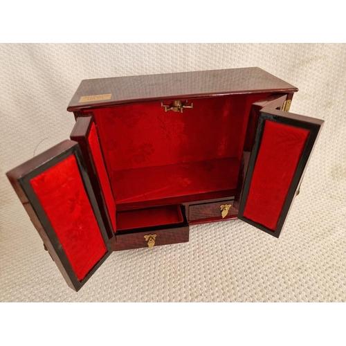 615 - Oriental Style Table Top Jewellery Cabinet with Bi-Folding Doors, with Glazed Cork Scenes Over 2-Dra... 