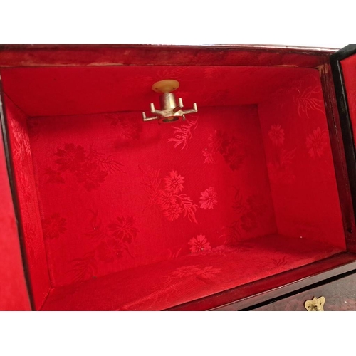 615 - Oriental Style Table Top Jewellery Cabinet with Bi-Folding Doors, with Glazed Cork Scenes Over 2-Dra... 