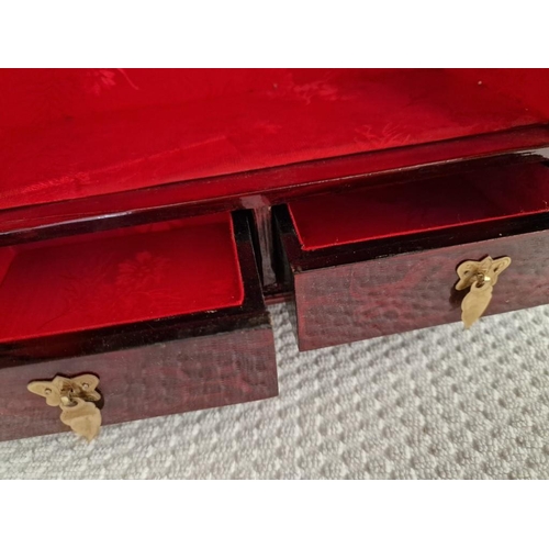 615 - Oriental Style Table Top Jewellery Cabinet with Bi-Folding Doors, with Glazed Cork Scenes Over 2-Dra... 