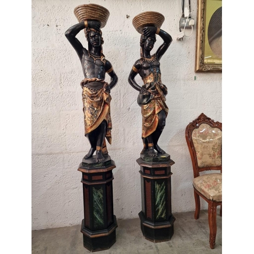 111 - 2 x Tall Venetian Style Blackamoor Statues / Figures, A Man & Woman in Ornate Clothing with Raised A... 