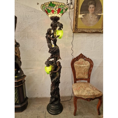 112 - Superb Tall Torchiere Tiffany Style Floor Lamp with Bronze Effect Grape Vine and Female Figures, 2 x... 