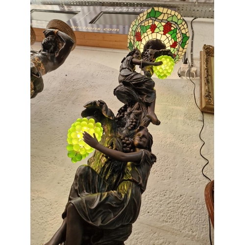 112 - Superb Tall Torchiere Tiffany Style Floor Lamp with Bronze Effect Grape Vine and Female Figures, 2 x... 