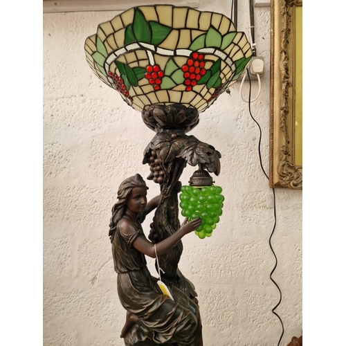 112 - Superb Tall Torchiere Tiffany Style Floor Lamp with Bronze Effect Grape Vine and Female Figures, 2 x... 