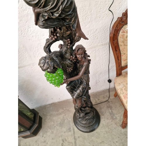 113 - Superb Tall Torchiere Tiffany Style Floor Lamp with Bronze Effect Grape Vine and Female Figures, 2 x... 