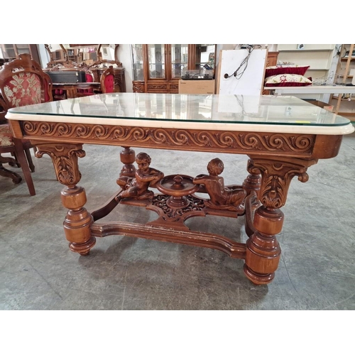 115 - Classical Style Heavily Carved Solid Wood Dining Room / Reception Hall Table, with Think Turned & Ca... 