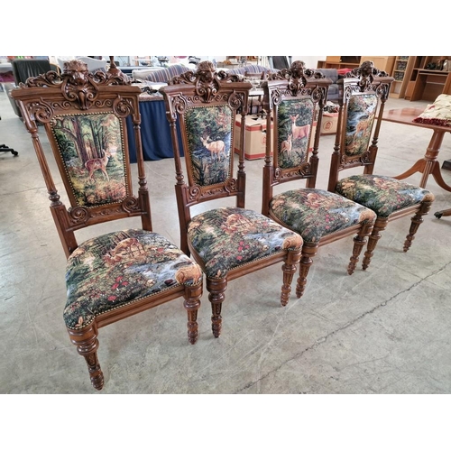 116 - Set of 4 x Heavily Carved Wood Classical Style Dining Chairs with Lion Heads, Upholstered with Reind... 