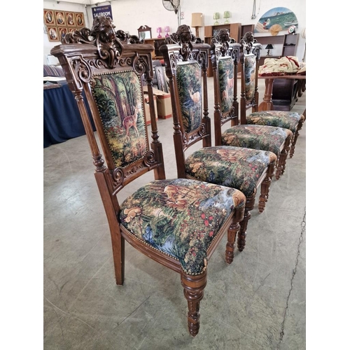 116 - Set of 4 x Heavily Carved Wood Classical Style Dining Chairs with Lion Heads, Upholstered with Reind... 