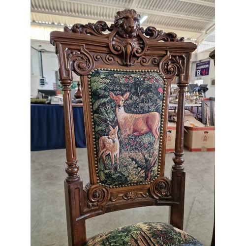 116 - Set of 4 x Heavily Carved Wood Classical Style Dining Chairs with Lion Heads, Upholstered with Reind... 