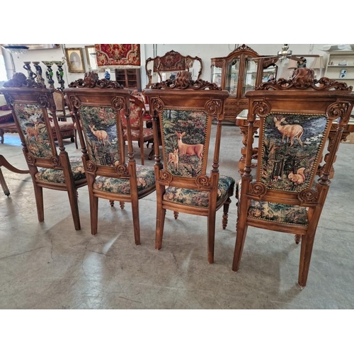 116 - Set of 4 x Heavily Carved Wood Classical Style Dining Chairs with Lion Heads, Upholstered with Reind... 