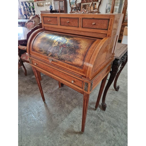 119 - Louis XV French Style Roll Top Writing Desk with Fitted Interior and Slide Out Leather Writing Pad, ... 